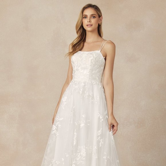 NEW FLOOR LENGTH OFF THE SHOULDER A-LINE DRESS EMBROIDERED WITH LACE JT 279W
